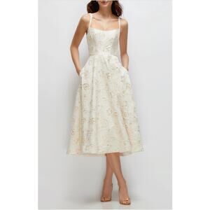 Dessy Collection Scoop Neck Ivory Gold Rosette Midi Dress